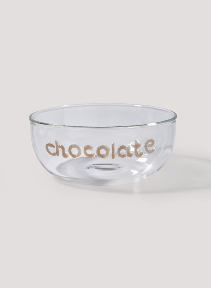 Clear glass bowl with 'chocolate' text on a white background