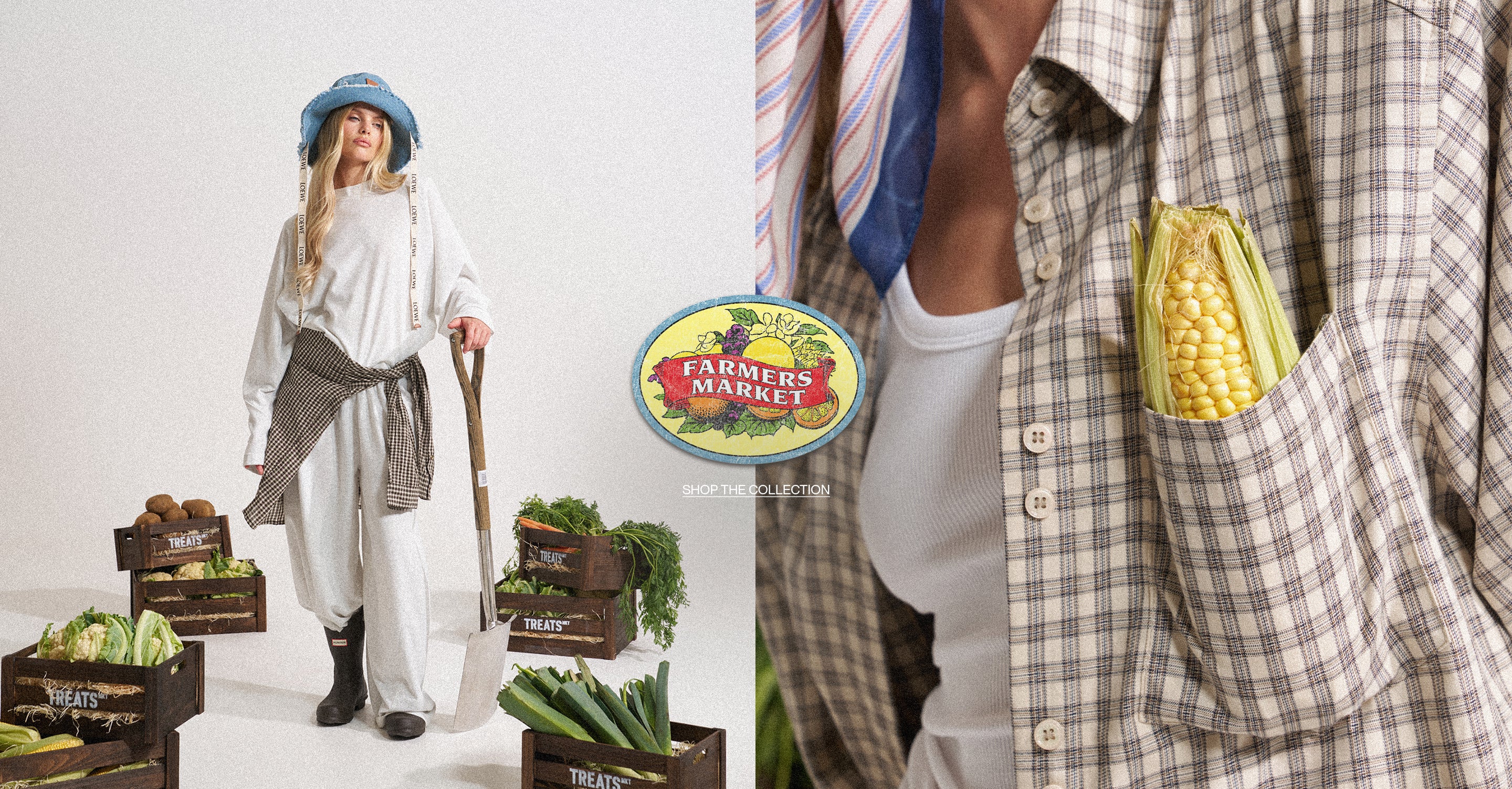 Two images: one of a person in a farmer's outfit with crates of vegetables, the other of a person wearing a plaid shirt with corn in their pocket, featuring a 'Farmers Market' logo.