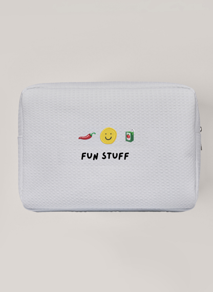 White Waffle pouch with embroidered icons and 'FUN STUFF' text on a beige background