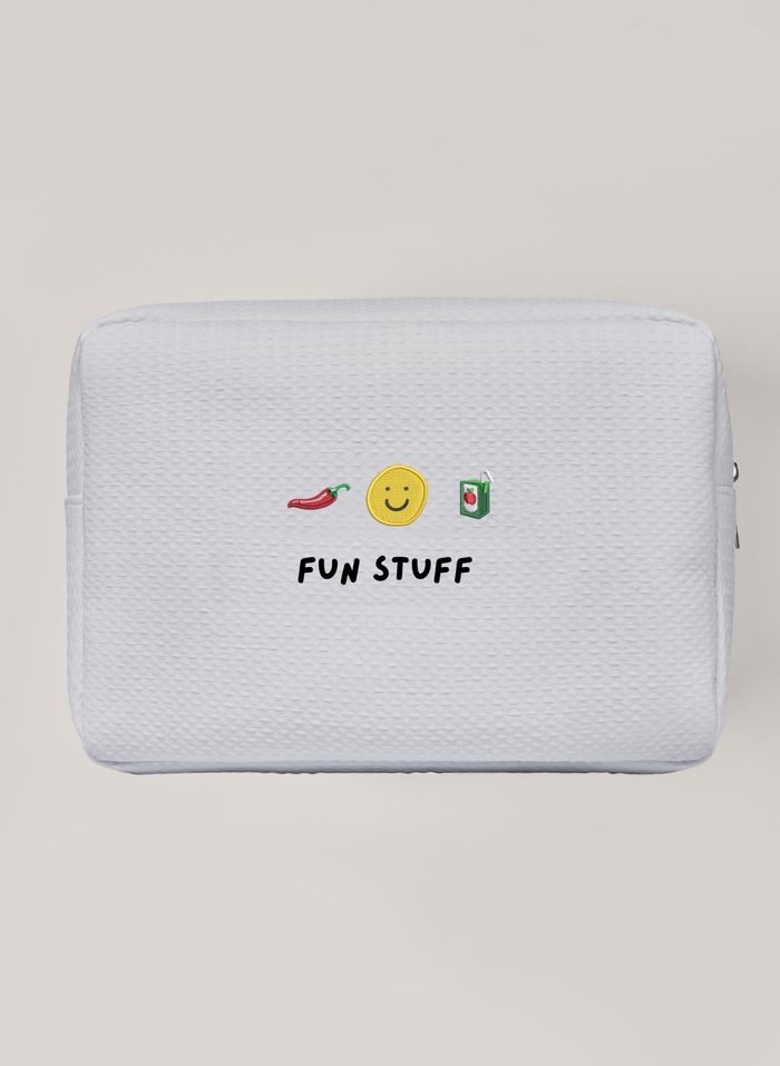 White Waffle pouch with embroidered icons and 'FUN STUFF' text on a beige background