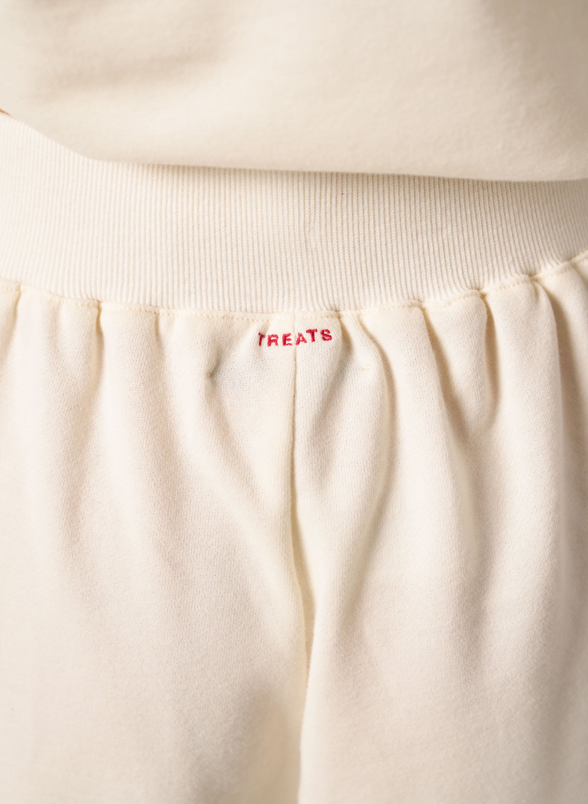 Close-up of beige fabric with 'TREATS' embroidered on it.