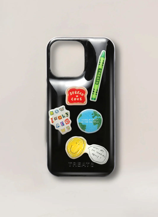 Phone case with colorful stickers on a light gray background