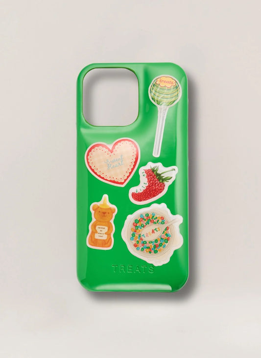 Green phone case with colorful designs on a light gray background