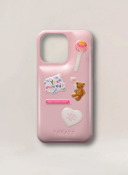 Pink phone case with stickers on a light grey background