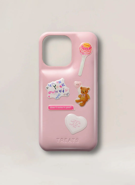 Pink phone case with stickers on a light grey background
