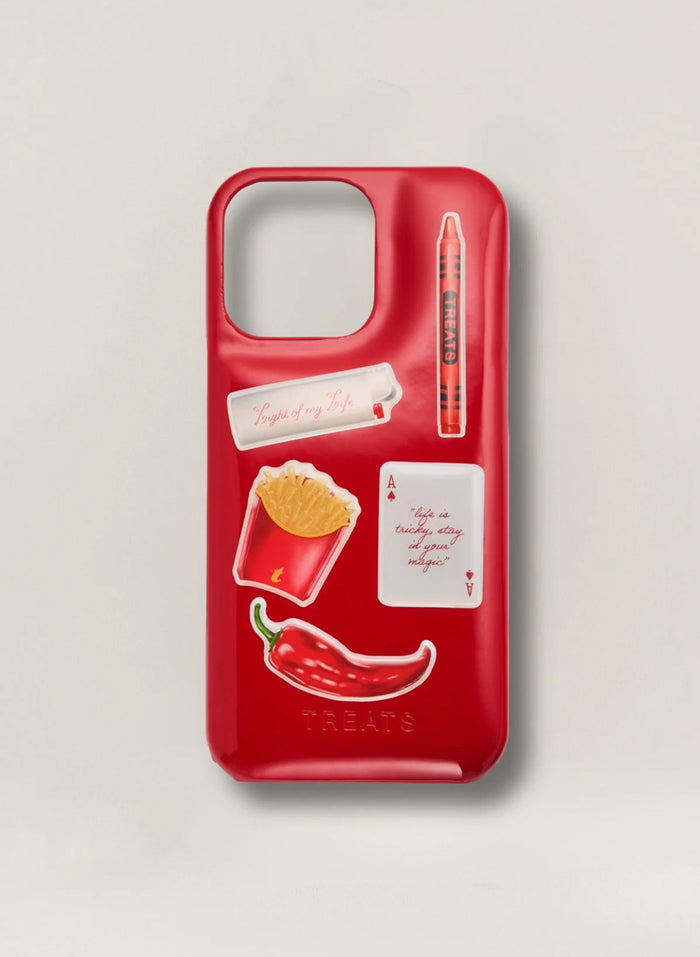 Red phone case with illustrations and text on a beige background