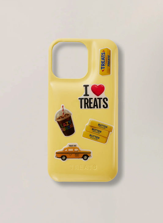 Yellow phone case with 'I ❤️ Treats' text and graphics on a light beige background