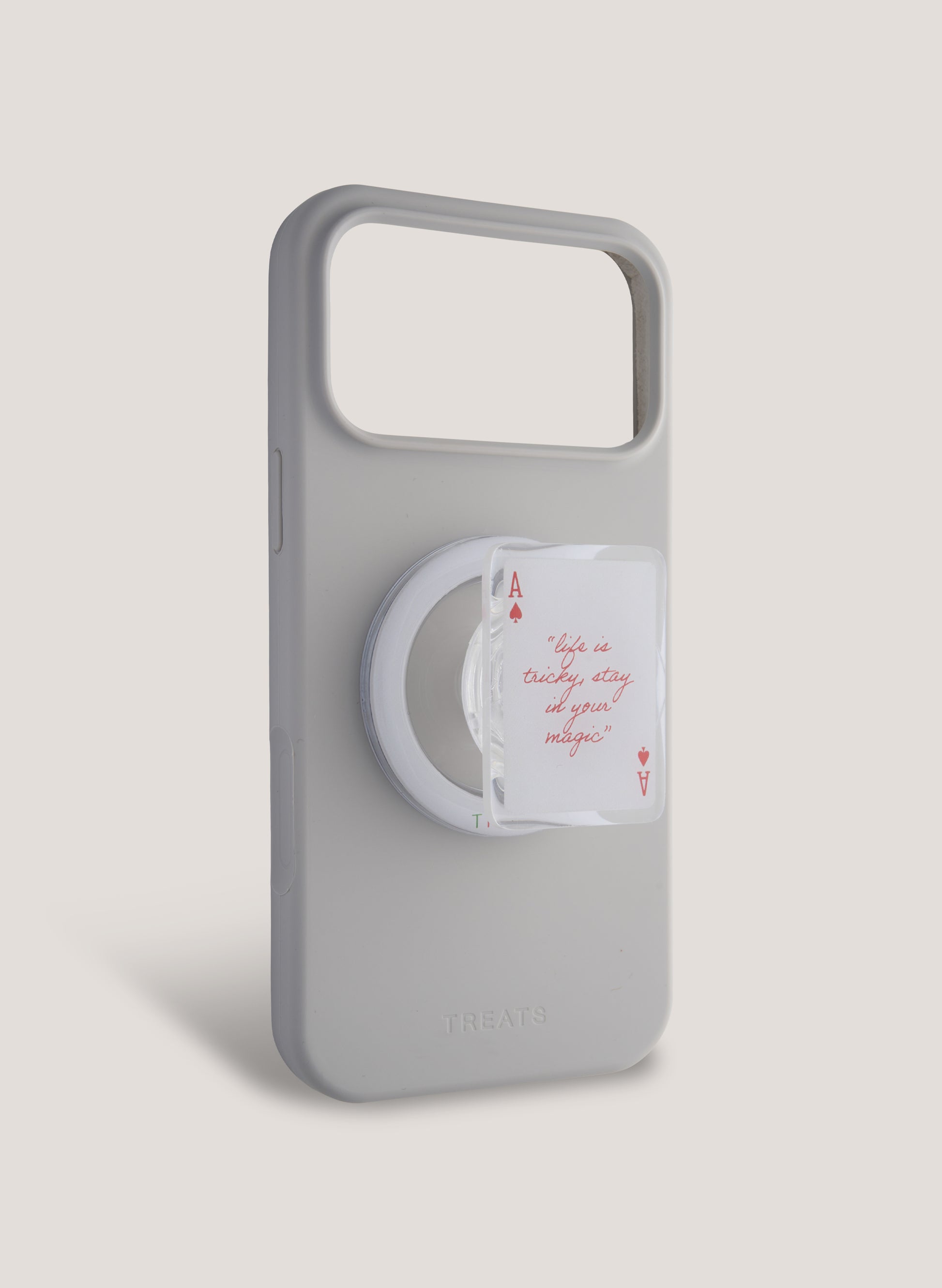 Gray phone case with a ring holder on a light gray background