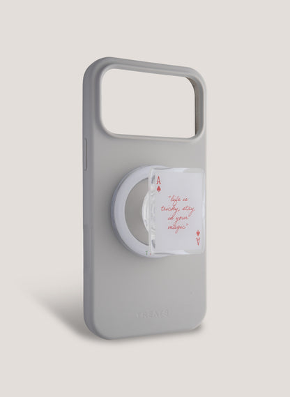 Gray phone case with a ring holder on a light gray background