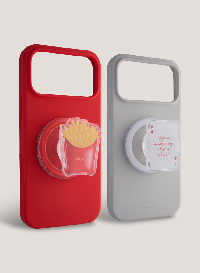 Red and gray phone cases with unique designs on a light gray background