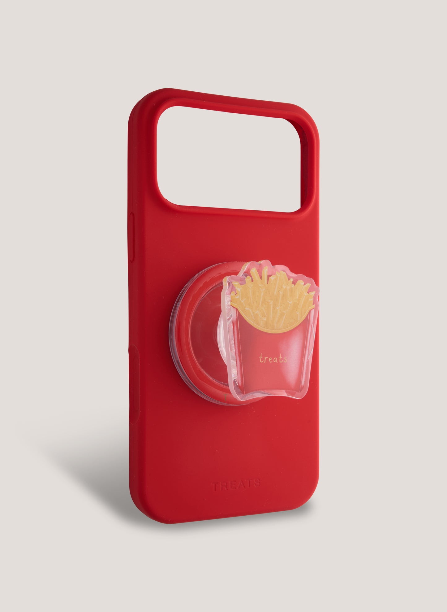 Red phone case with a clear pop socket on a light gray background