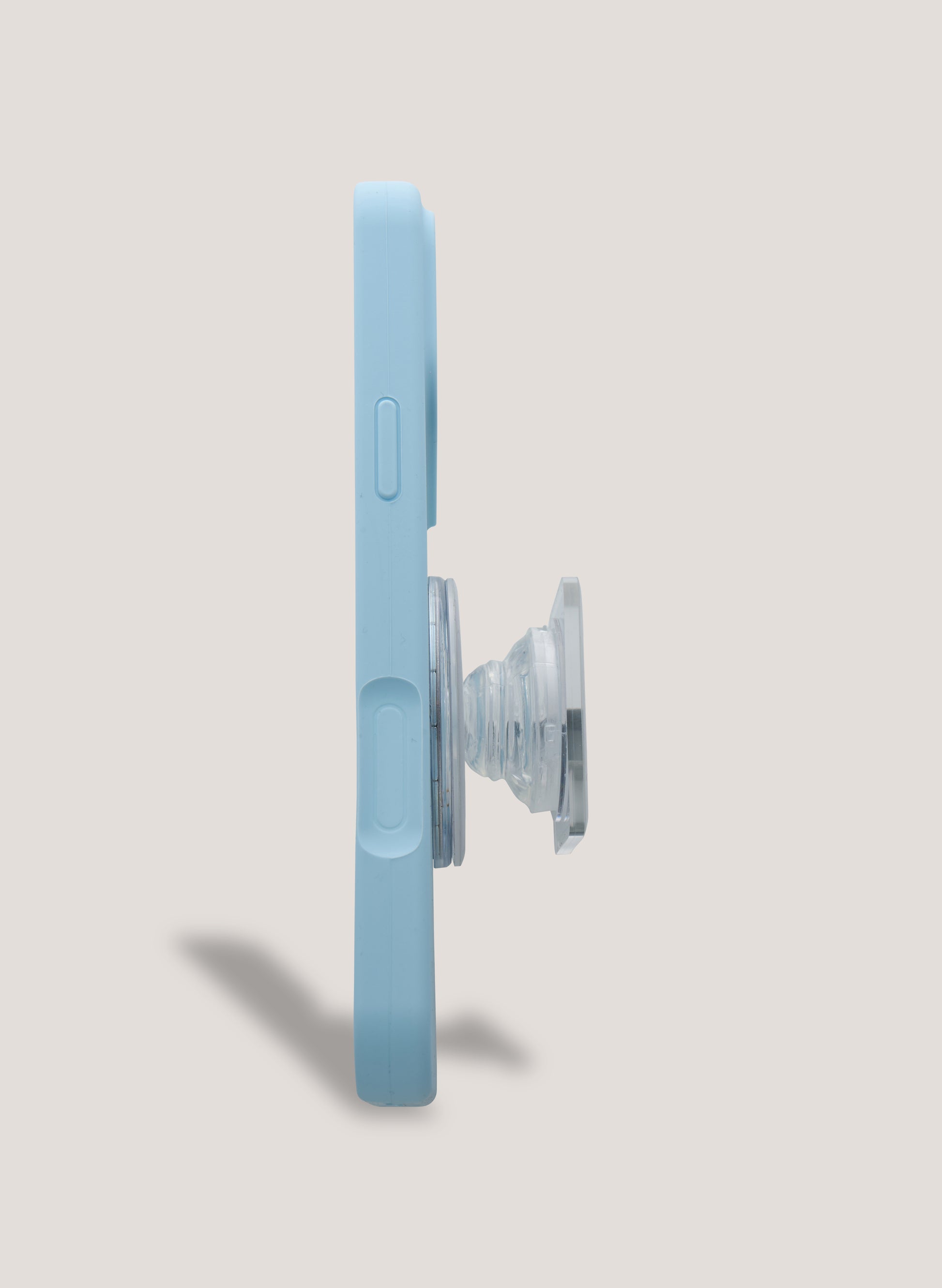 Light blue phone case with a clear stand on a light grey background