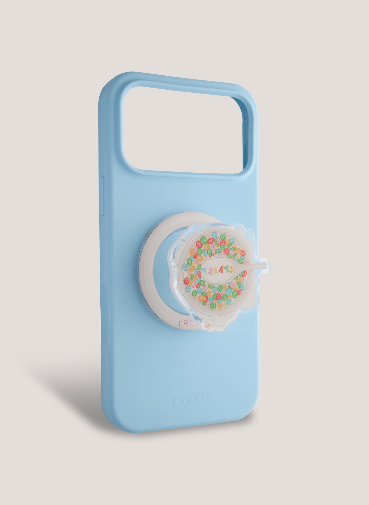 Blue phone case with a decorative ring holder on a light grey background