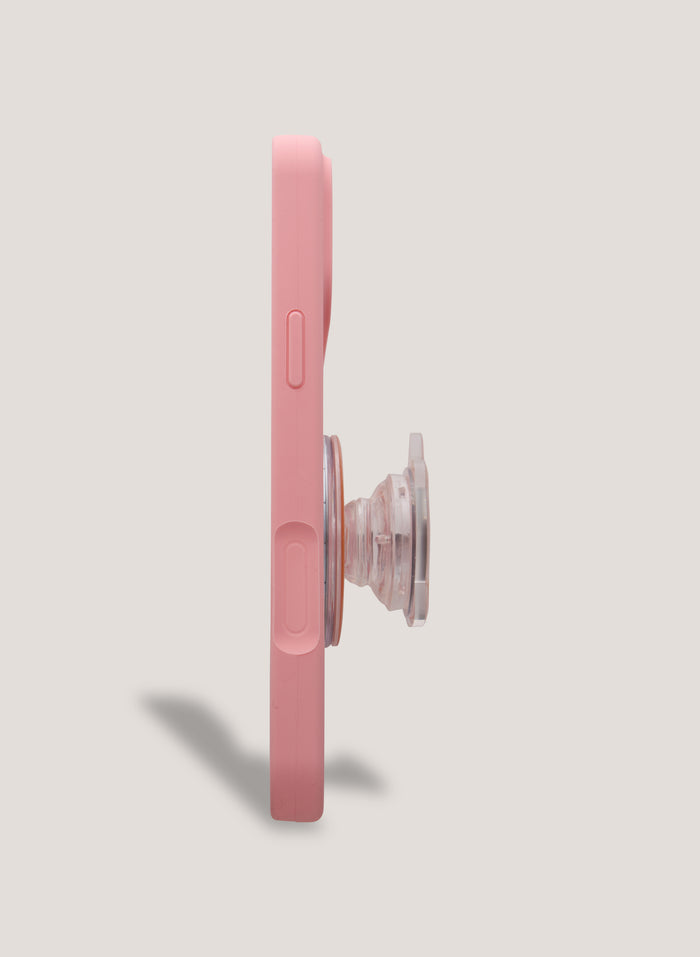 Pink phone case with a clear stand on a light grey background
