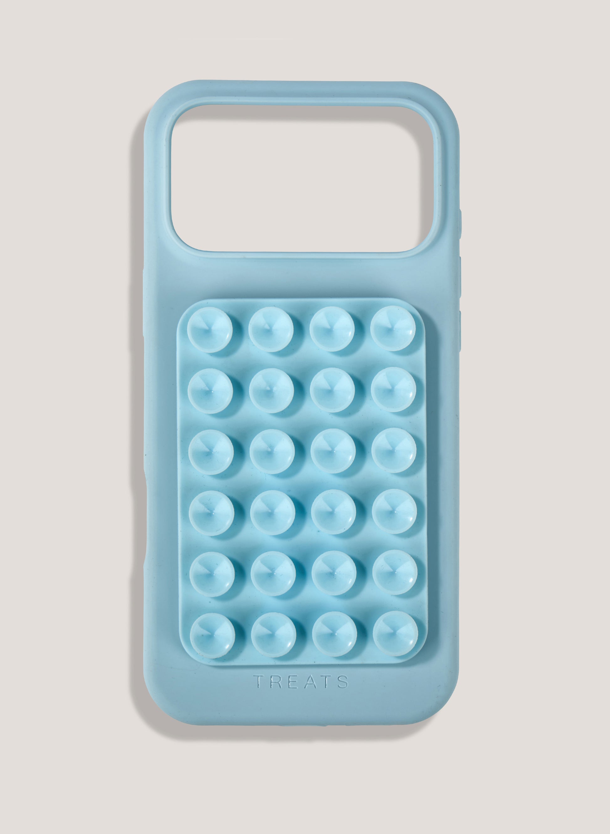 Light blue phone case with bubble texture on a light gray background