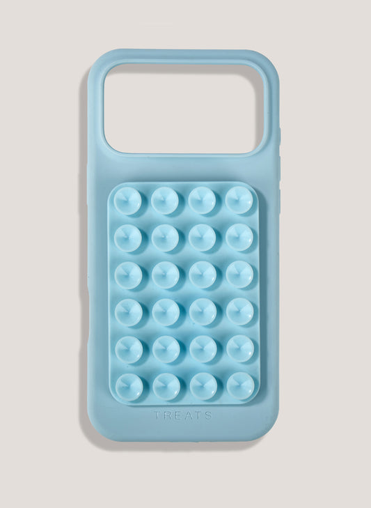 Light blue phone case with bubble texture on a light gray background