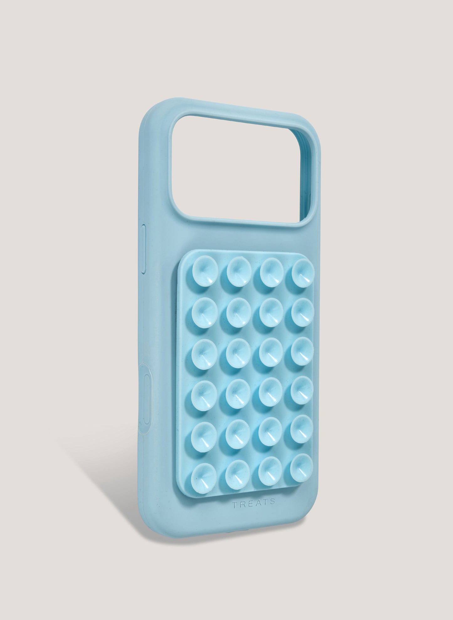 Light blue phone case with bubble design on a light gray background