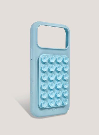 Light blue phone case with bubble design on a light gray background