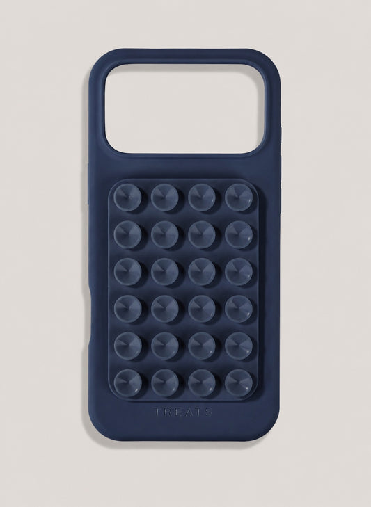 Navy blue phone case with suction cups on a light grey background