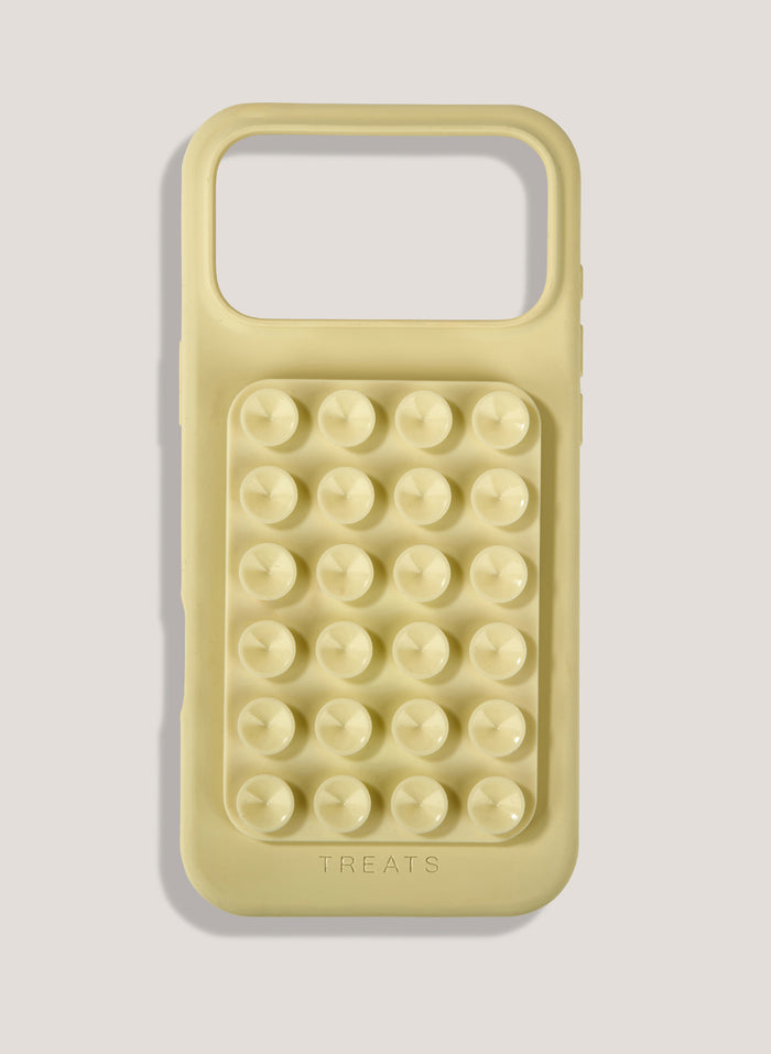 Yellow phone case with bubble texture on a light gray background