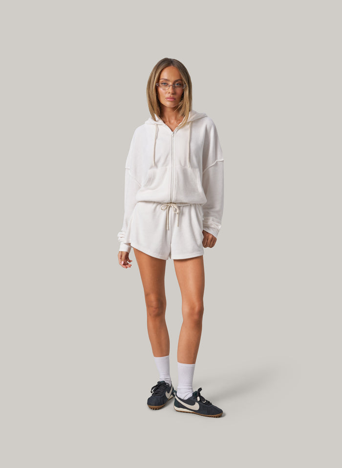 Terry Zip Up Short Set - White