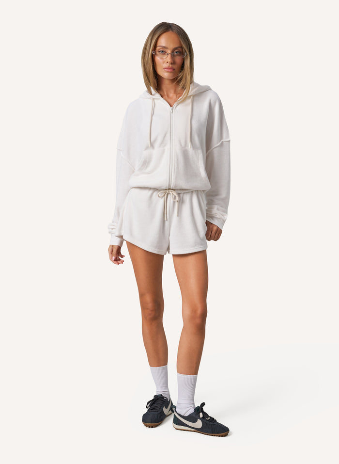 Terry Towelling Zip Up Short Set - White