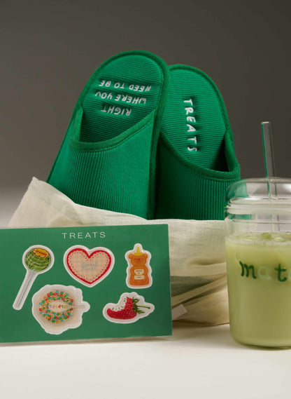 Green slippers with 'TREATS' text, a card with stickers, and a jar of treat on a gray background