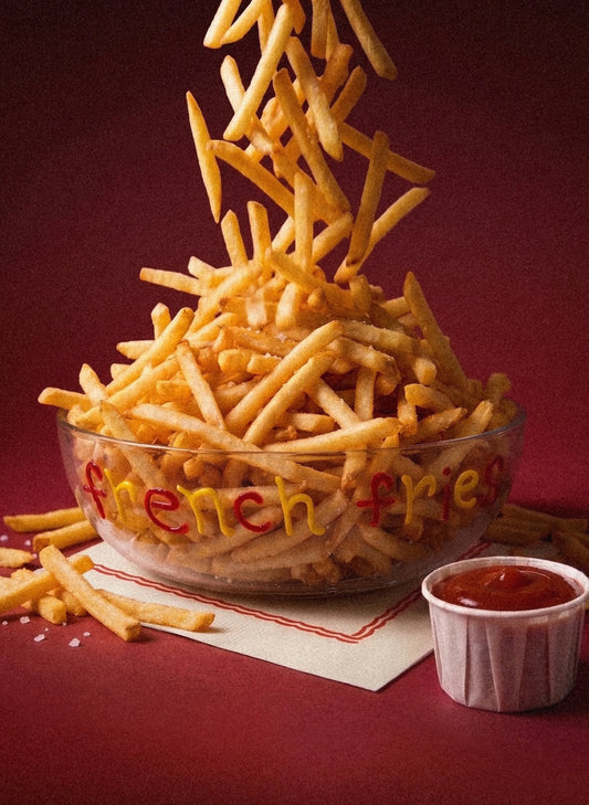 A clear glass bowl filled with golden french fries, with more fries falling into the bowl against a dark red background. The bowl has 'french fries' written on it in red and yellow.