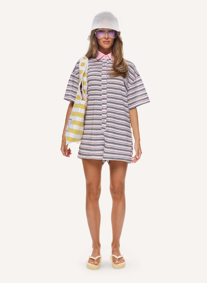 Striped Slub Romper - Pink