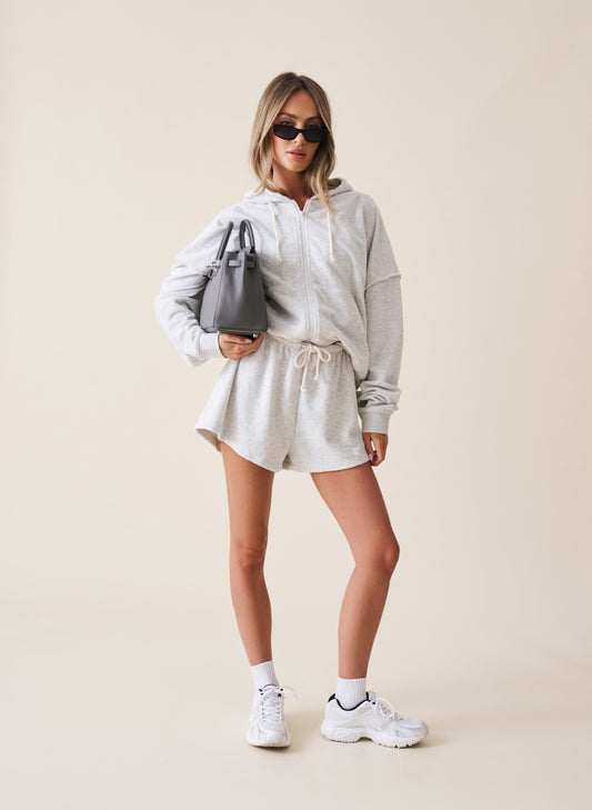 Towelling Zip Thru Short Set - Grey Marl