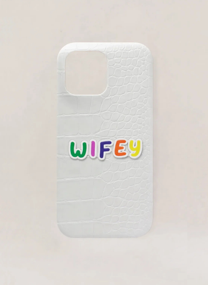 Phone case with 'Wifey' text on a light background